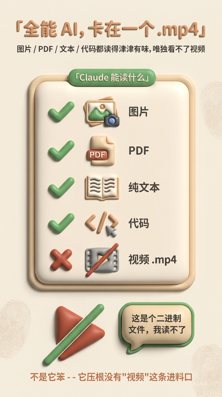 全能 AI 能读图、PDF、文本、代码，唯独卡在一个 .mp4