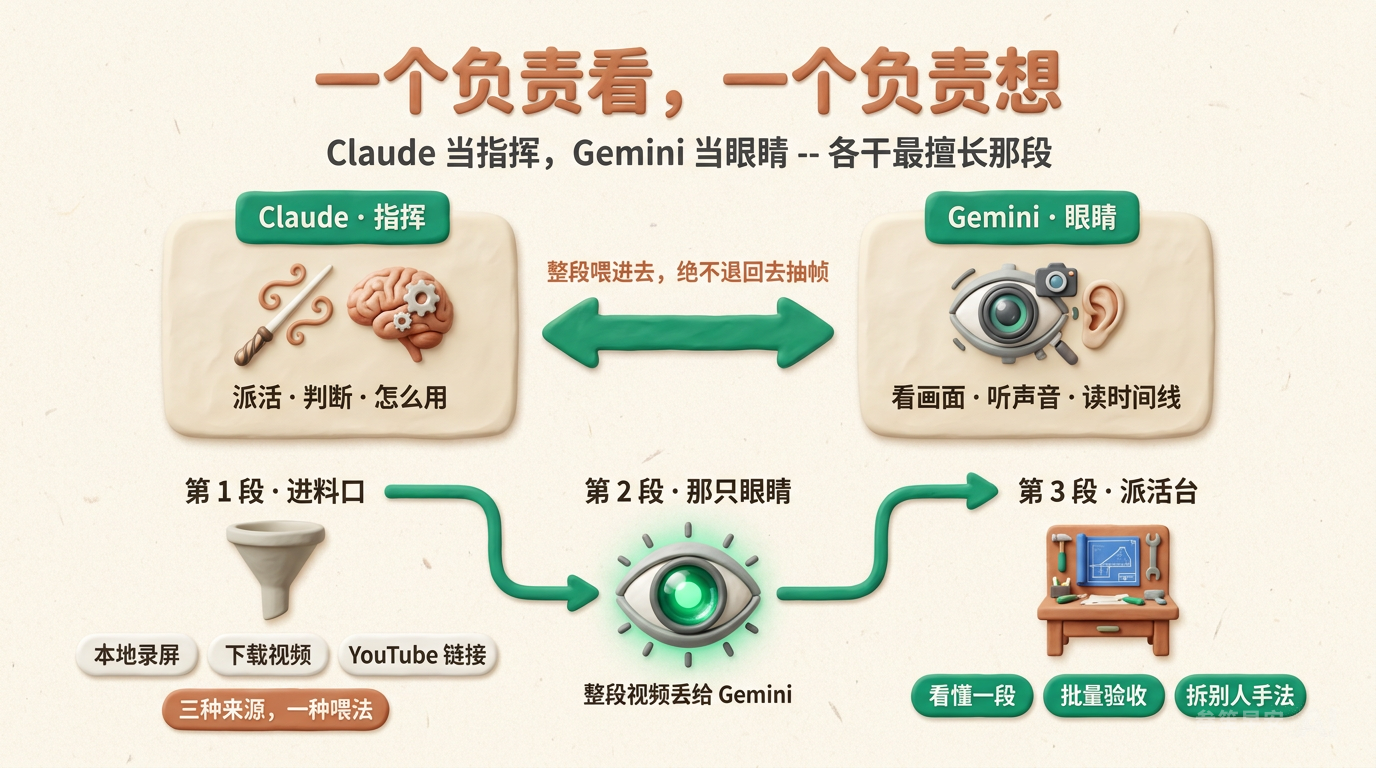 Claude 当大脑、Gemini 当眼睛：三层管线把进料口、那只眼睛、派活台串起来