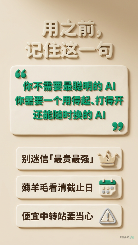 记住这一句：你需要的是用得起、打得开、还能随时换的 AI