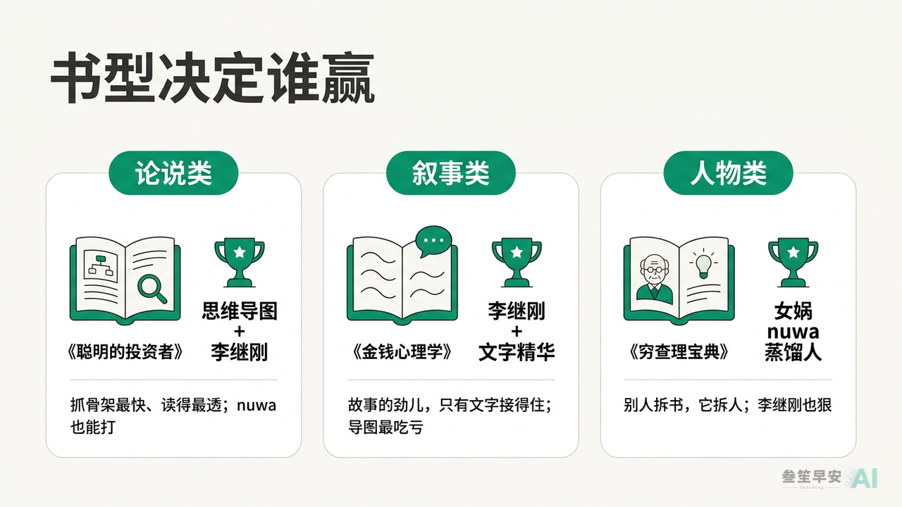 书型决定谁赢：论说→导图/李继刚，叙事→李继刚，人物→女娲