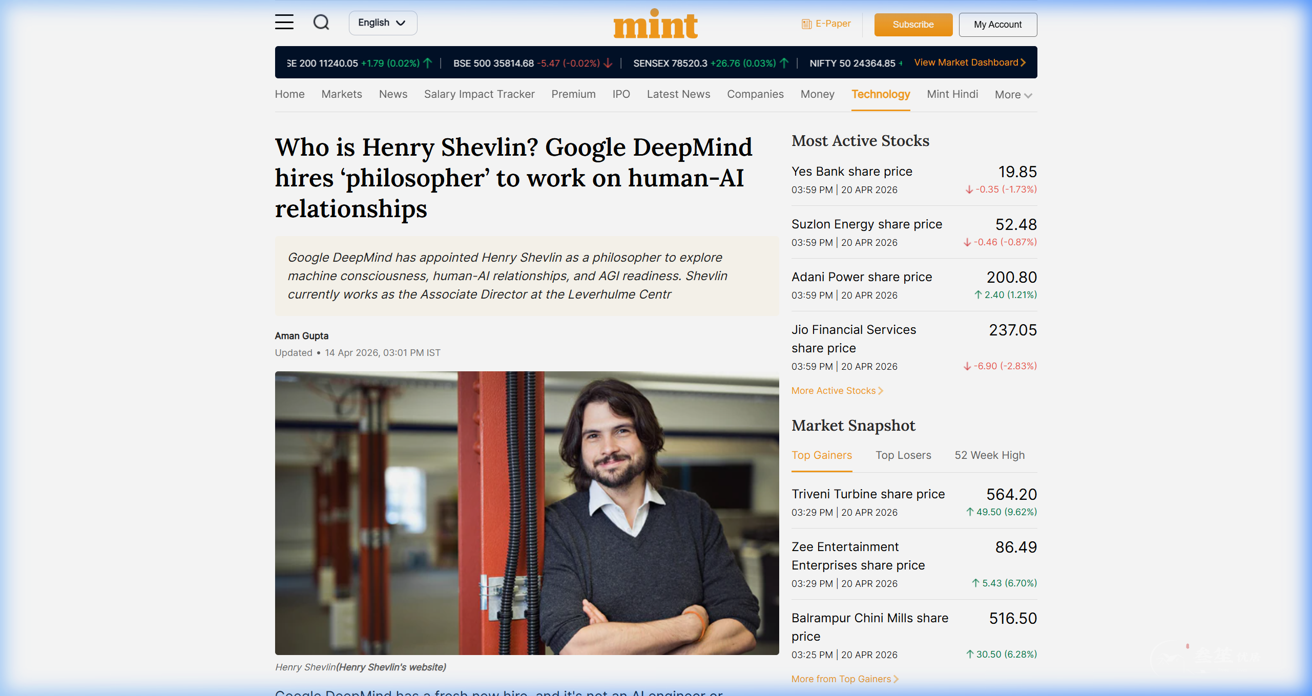 Henry Shevlin，图片来源：henryshevlin.com / LiveMint