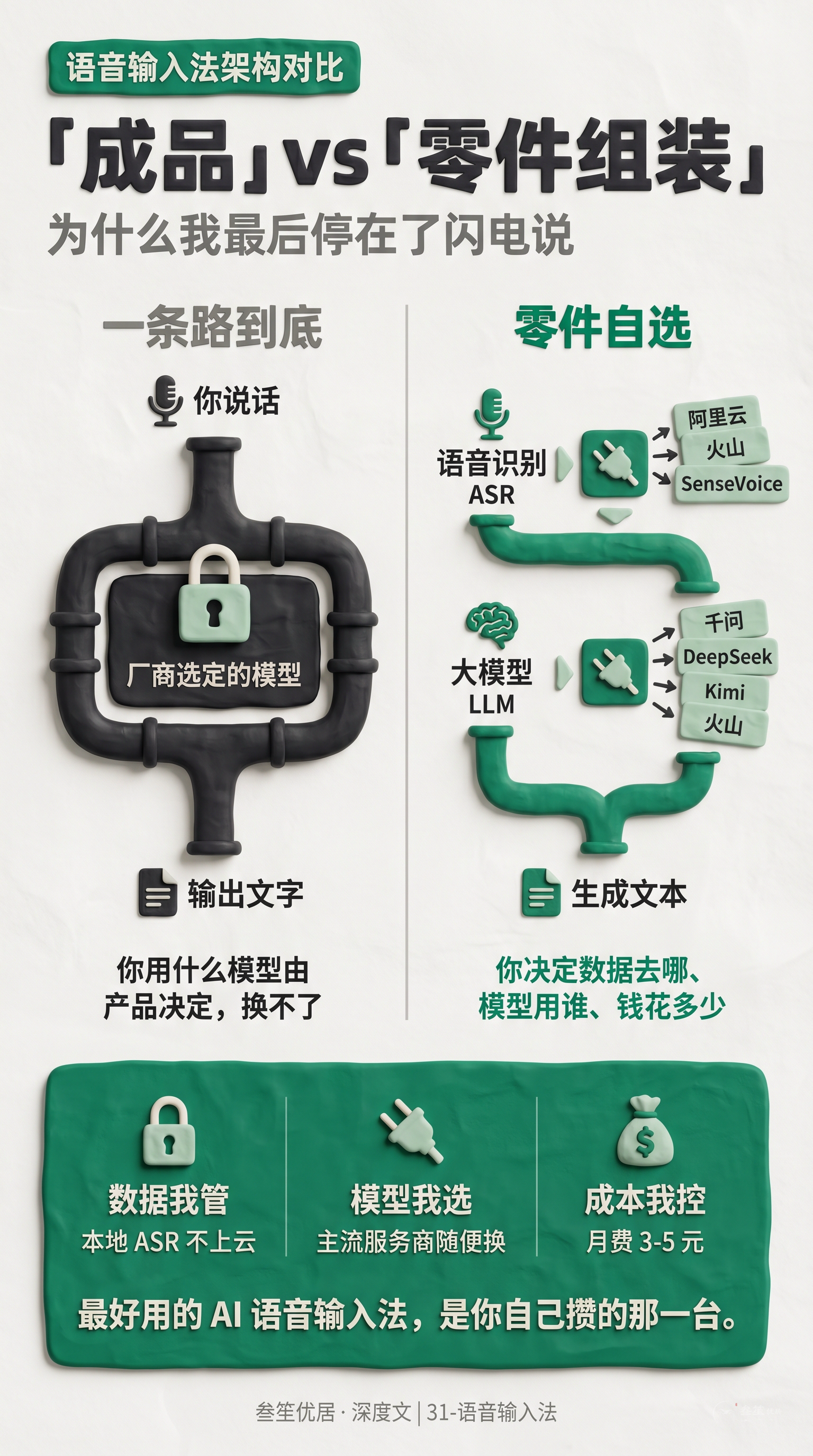 闪电说「自带 Key」架构对比：成品 vs 零件组装