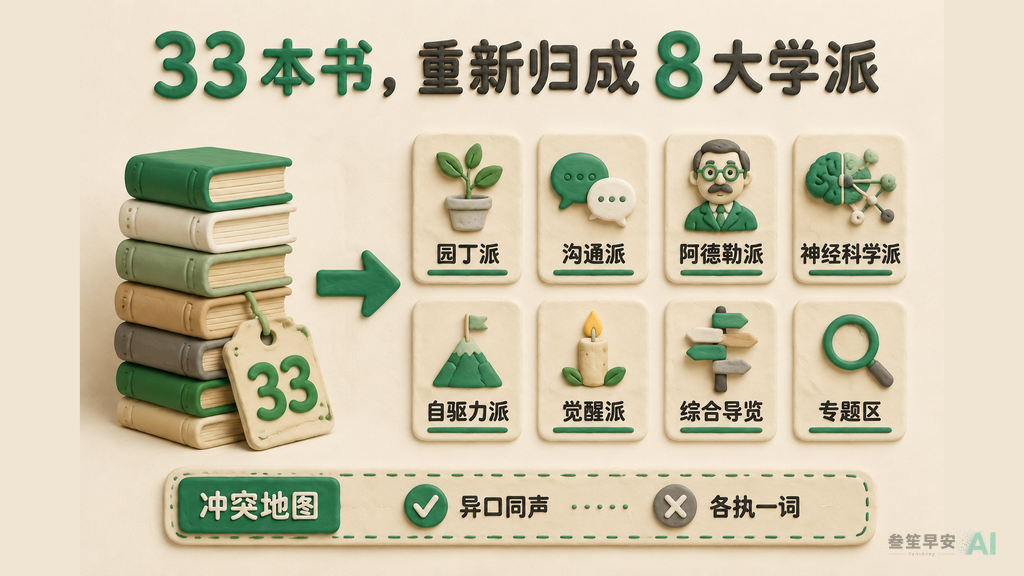 33 本书按理论根源重归的 8 大学派 + 一张冲突地图